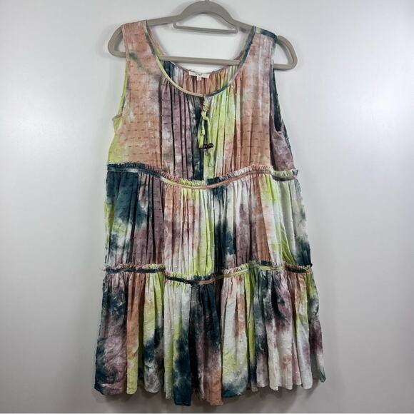 Babydoll Tie Dyed Easel Swiss Dot Tiered Mini Dress Small Boho Hippie Cottage - Picture 12 of 14